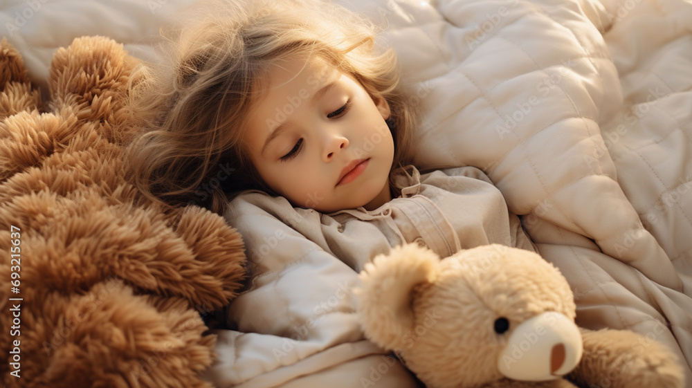 sad child sleeping in bed in cosy blanket with a teddy bear