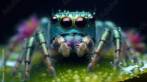  a close up of a blue jumping spider on a green leaf with drops of water on it's face and eyes, on a black background with a black background.