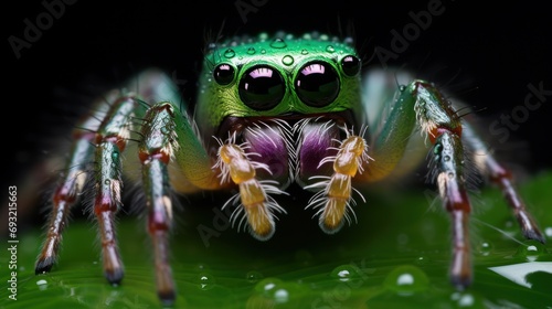  a close up of a green spider on a leaf with drops of water on it's face and legs, with a black background of green leaves and water droplets.