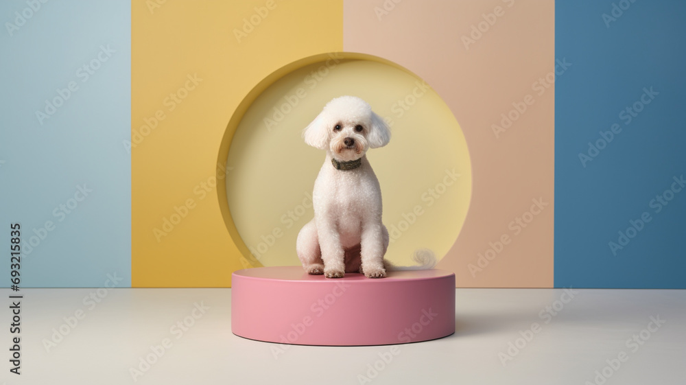 dog sitting on a presentation platform, pastel colors background