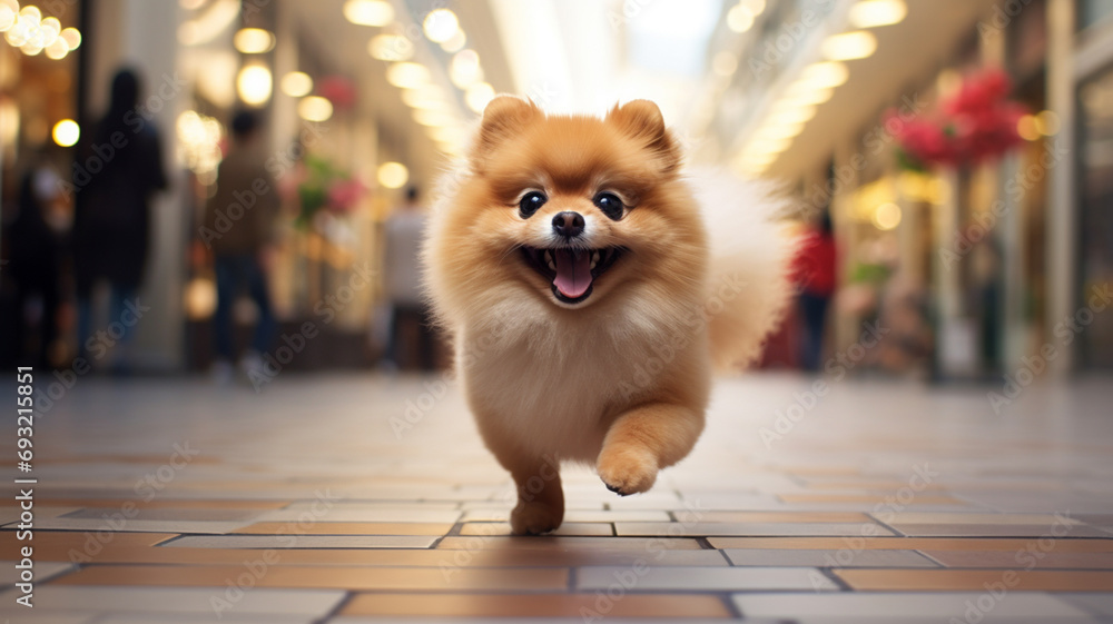 pomeranian dog running in the city mall happy