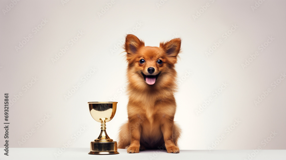 Small dog sitting with a golden trophy on plain background
