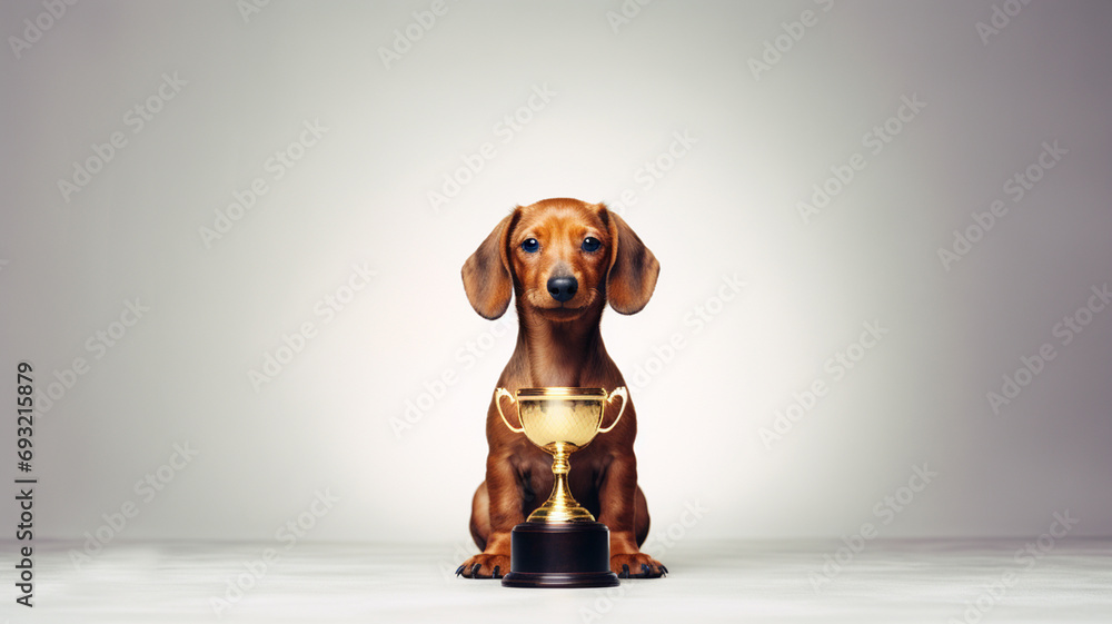 dachshund sitting with trophy on plain background in studio