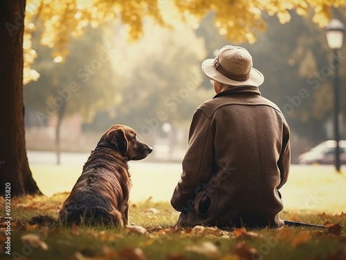 Obraz na płótnie senior woman sitting with her dog in the park thinking about life w salonie