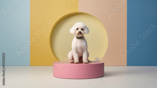 Obraz na płótnie dog sitting on a presentation platform, pastel colors background w salonie