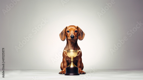 Obraz na płótnie dachshund sitting with trophy on plain background in studio w salonie