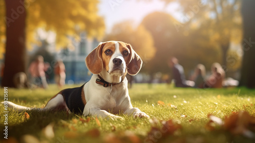 Obraz na płótnie beagle lying in the park during spring sunny day w salonie