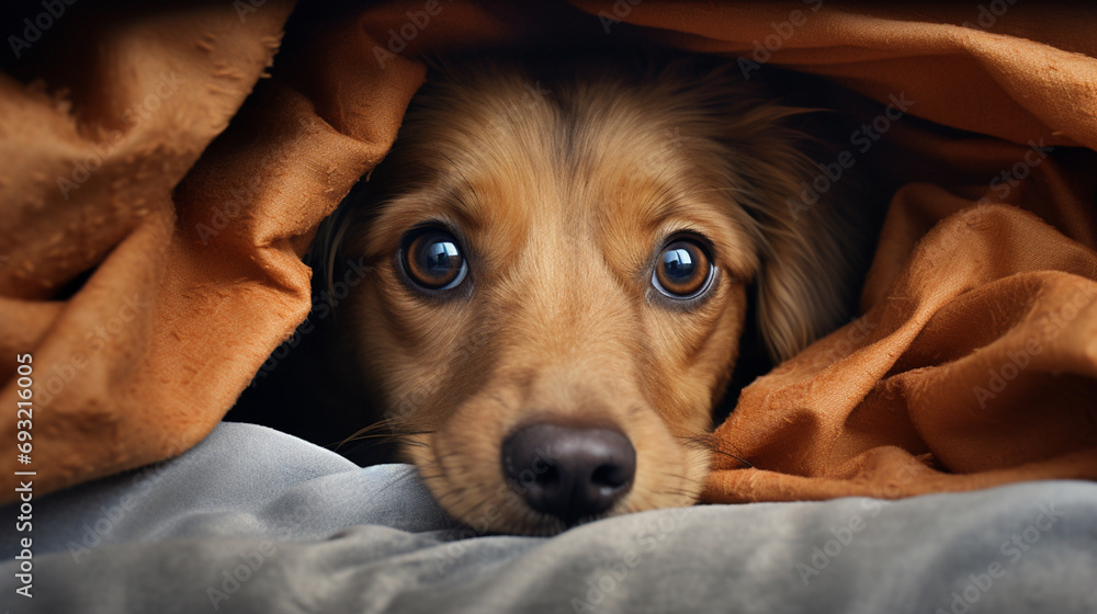 dog lying under cozy blanket in bed