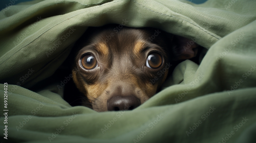 dog lying under green cozy blanket in bed