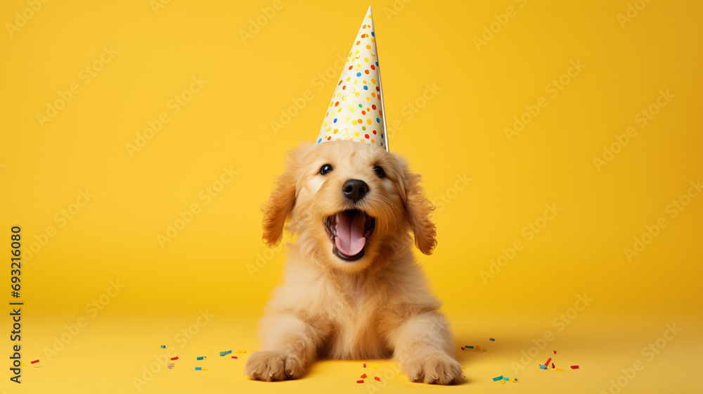 dog, golden retriever happy with party hat on plain yellow background