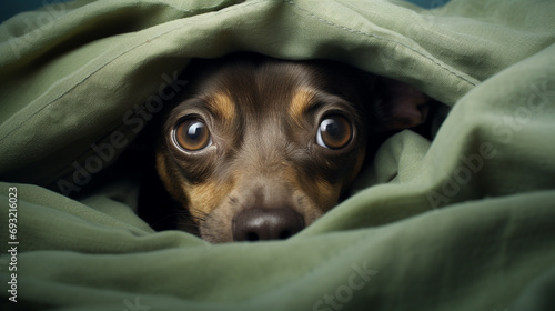 dog lying under green cozy blanket in bed © Bartomiej
