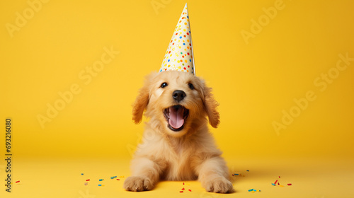 dog, golden retriever happy with party hat on plain yellow background © Bartomiej