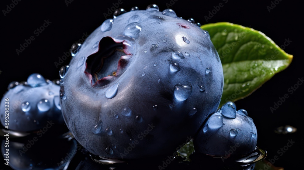 a group of blueberries sitting on top of a table with water droplets on the top of the blueberries and a green leaf on top of the blueberries. a group of blueberries sitting on top of a table with water droplets on the top of the blueberries and a green leaf on top of the blueberries.