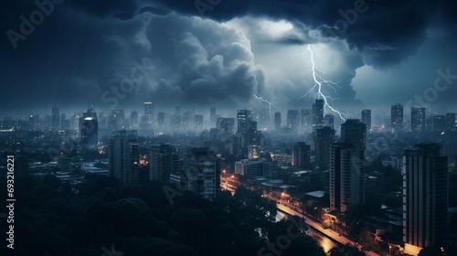 An HD image capturing a city landscape during a thunderstorm, beautifully transitioning from day to night, showcasing the city's transformation as the storm intensifies