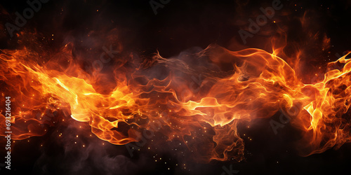 Abstract fire flame and particles on black background. Wide template or banner, creative design with copyspace © hdesert