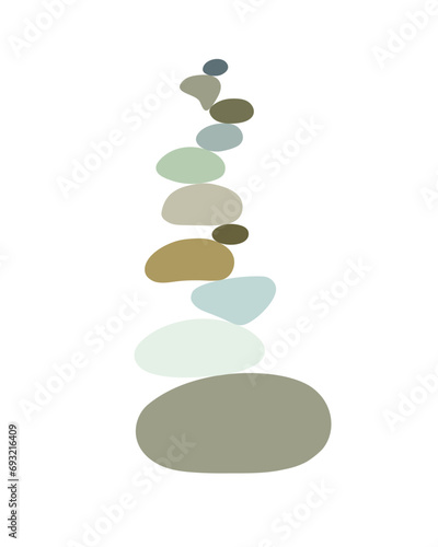 Zen stone cairns in simple abstract doodle style vector illustration, relax, meditation yoga concept, boho color stone pyramid for making banner, poster, card, print, wall art
