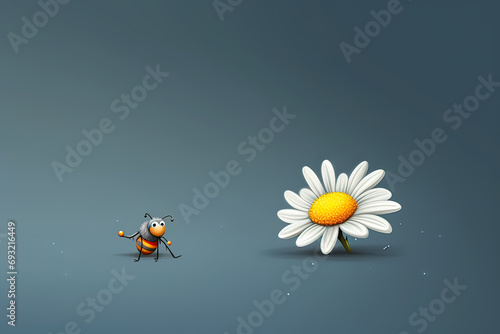 Buzzing beauty, Illustration of a bee near a daisy flower on a serene blue background. A delightful and harmonious scene in this stock illustration. photo