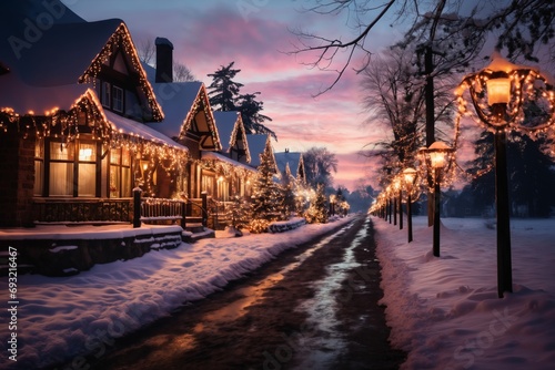beautiful view of village street in winter, exteriors of houses decorated for Christmas or New Year holiday, snow, street lights, festive environment © soleg