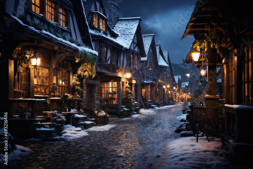 beautiful view of village street in winter  exteriors of houses decorated for Christmas or New Year holiday  snow  street lights  festive environment