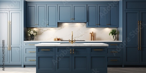 Blue navy kitchen cabinets with gold metal handles and marble countertops, popular shaker door design for kitchen or bathroom remodel. visualization.