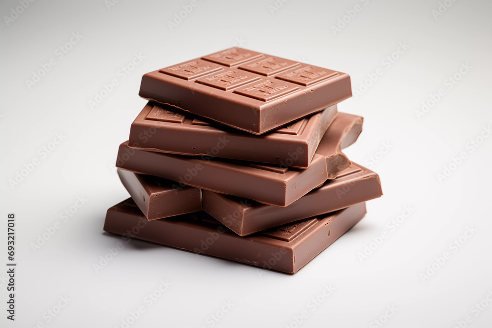 Stack of chocolate pieces. Chocolate tower on wooden table. Created with generative AI. Stack of chocolate pieces. Chocolate tower on wooden table. Created with generative AI.