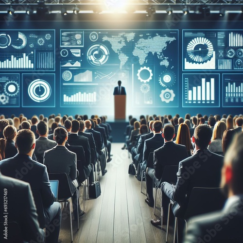 people in a conference room looking at a blurred speaker