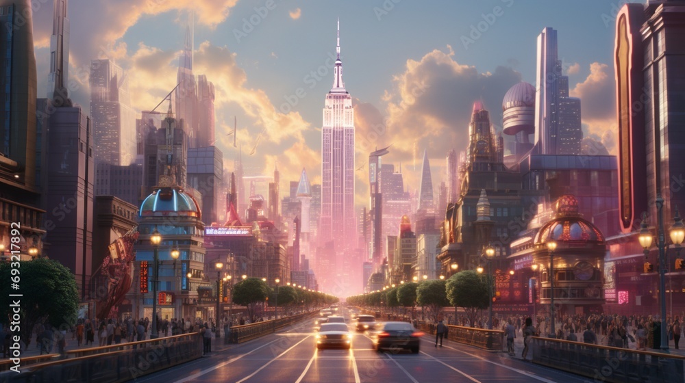 Fototapeta premium A busy downtown street, framed by towering architectural wonders, captured in crystal-clear detail, highlighting the grandeur of the city's skyline