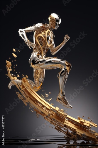 A man in a gold suit riding a gold surfboard. Generative AI. © Natalia