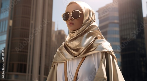 A woman wearing a scarf and sunglasses in a city. Generative AI.