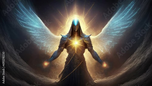 The Metatron. Ancient Archangel with large wings and flaming energy in hands. Male Angel with large wings and mystical glows.  2d hand animation +  3d fx of AI Generated Image photo