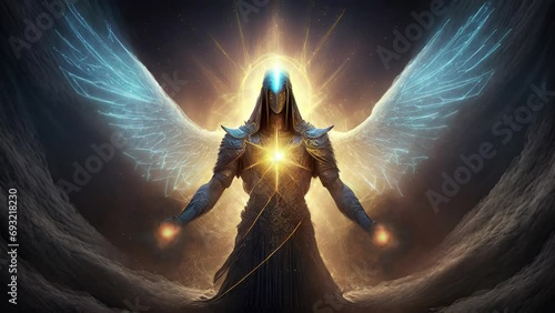 The Metatron. Ancient Archangel with large wings and flaming energy in hands. Male Angel with large wings and mystical glows.  2d hand animation +  3d fx of AI Generated Image