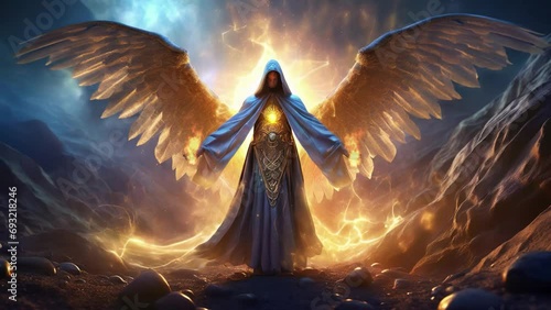 The Metatron. Ancient Archangel with large wings and flaming energy in hands. Male Angel with large wings and mystical glows.  2d hand animation +  3d fx of AI Generated Image photo