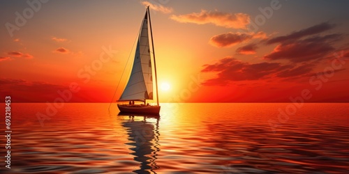 A sailboat gracefully sails on the tranquil ocean at sunset. Generative AI. © Natalia