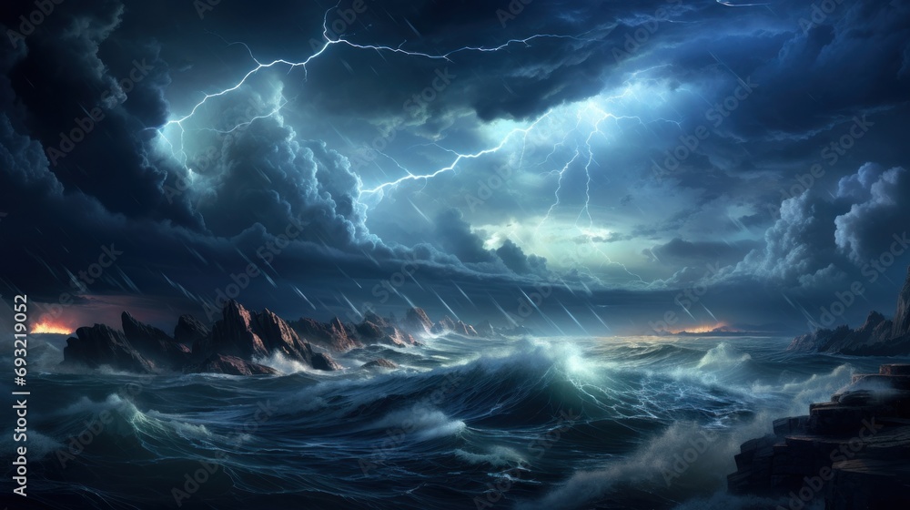 a painting of a storm in the middle of the ocean with a lighthouse in the foreground and lightning in the middle of the sky in the middle of the background. a painting of a storm in the middle of the ocean with a lighthouse in the foreground and lightning in the middle of the sky in the middle of the background.