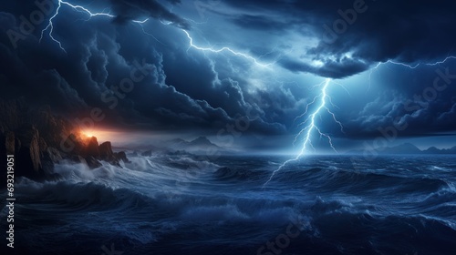  a picture of a storm in the sky over a body of water with a lighthouse in the foreground and a lightning bolt in the middle of the sky above the water. © Olga