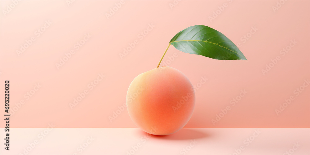 A banner with an orange isolated peach with a green leaf on a peach fuzz color background. Fruit Copy space