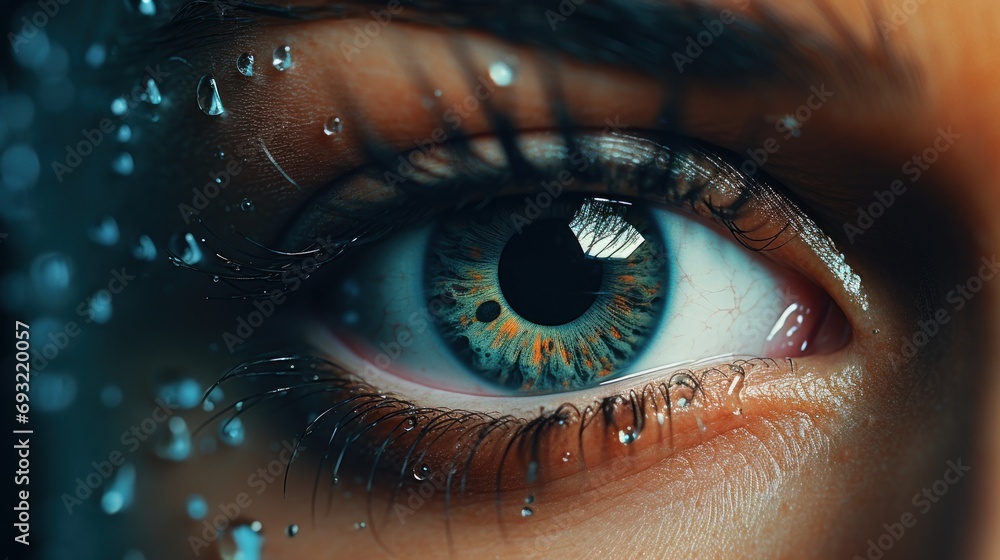  a close up of a person's blue eye with drops of water on the outside of the eye and on the inside of the outside of the outside of the eye. - obrazy, fototapety, plakaty 