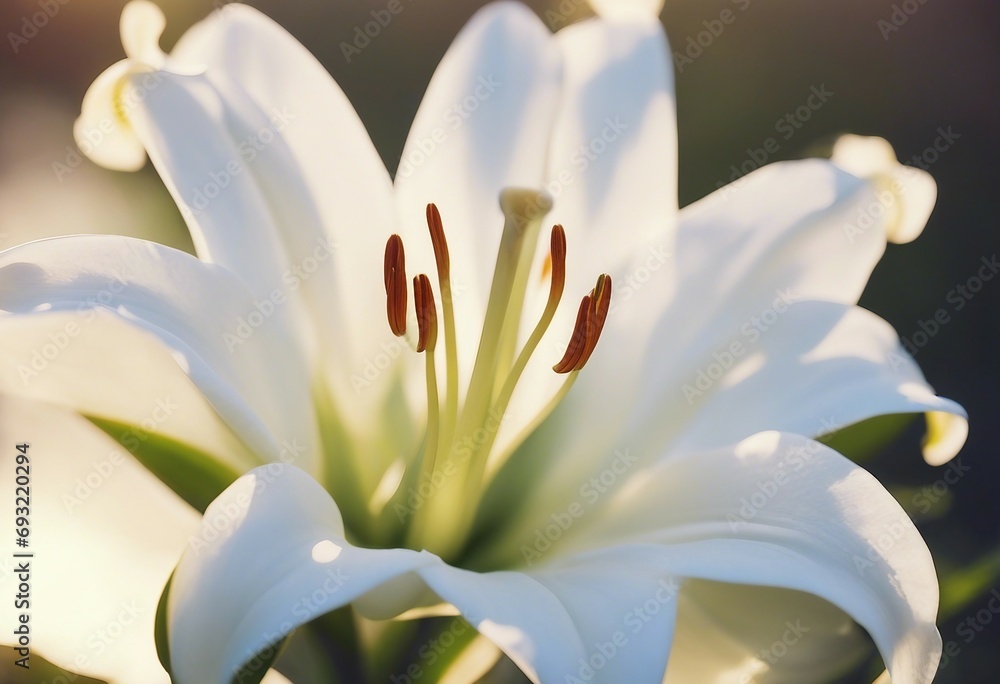 Obraz premium Single macro white lily flower for background with morning light in spring Valentine Mothers Day birthday