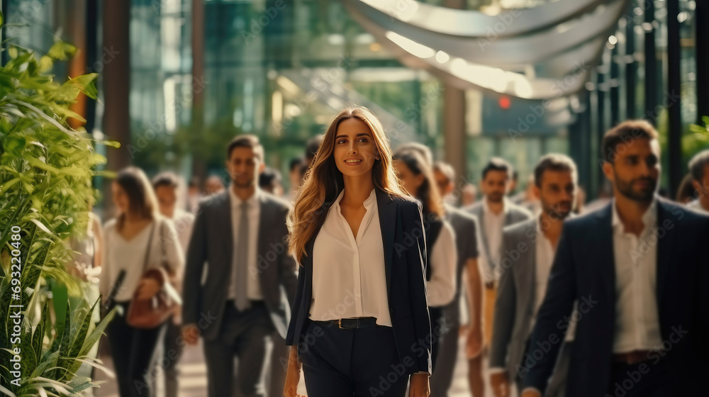 Joyful businesswoman in formal attire walking in state-of-the-art business hub with male coworkers Joyful businesswoman in formal attire walking in state-of-the-art business hub with male coworkers