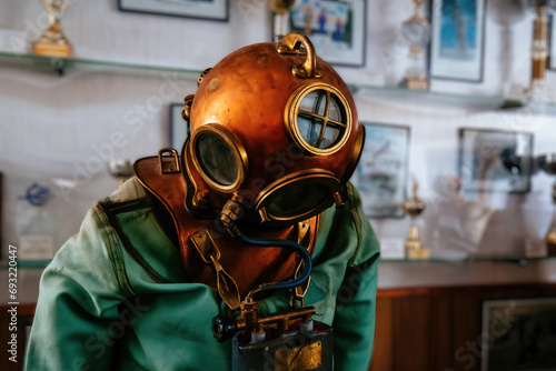 Old vintage copper diving helmet