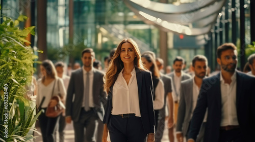 Joyful businesswoman in formal attire walking in state-of-the-art business hub with male coworkers