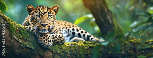 A relaxed leopard lounges on a tree branch in a lush green forest. This striking image captures the majestic feline in its natural habitat, exuding a sense of calm and power photo