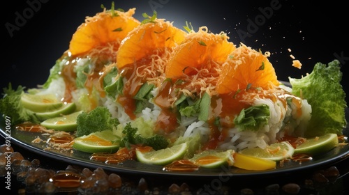  a close up of a plate of food with broccoli and oranges on it and garnished with sprinkles of salt and sprinkles.