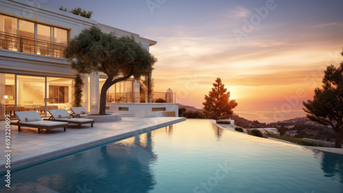 Luxury resort hotel with infinity pool at sunset. Mansion or villa and evening lighting, scenery of white house and terrace in Greek style. Concept of property, Greece and travel photo