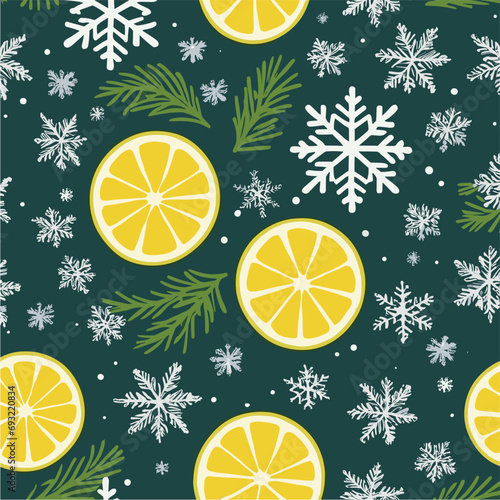 Vector christmas pattern with citrus fruits lemons and snowflakes on blue background. 2024 New Year fashion ornament for fabric, paper, textiles, notepad, clothing, card, packaging.