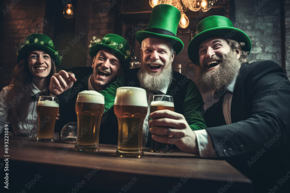 Group of middle-aged man people in hat cylinder drinking beer in pub. Enjoying St. Patrick day. Adults celebrating Saint Patrick's day inside in bar wear green clothes , laughing festive atmosphere - obrazy, fototapety, plakaty 