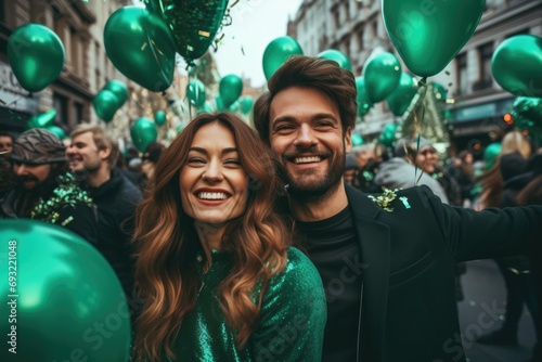 Group of young people perform St. Patrick day. Youth celebrating Saint Patrick's day posing outside on street make selfie posing, Wear green clothes, laughing, going to pub drink beer