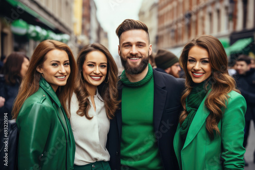 Group of young people perform St. Patrick day. Youth celebrating Saint Patrick's day posing outside on street, Wear green clothes, laughing, going to pub drink beer