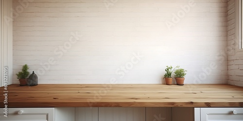 Empty kitchen with a wooden desk