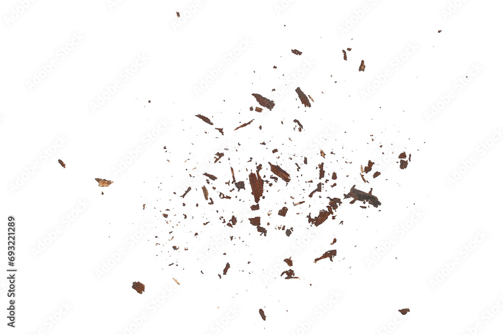 Rotten, old wood pieces and dust, scattered crushed tree bark isolated on white - obrazy, fototapety, plakaty 